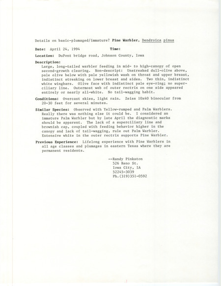 Rare bird documentation form for a Pine Warbler at Hawkeye Wildlife Management Area in Johnson County, IA on April 24, 1994.