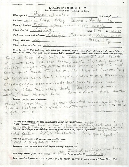 Rare bird documentation form for a Pine Warbler at Mason City in Cerro Gordo County, IA on April 26, 1997.