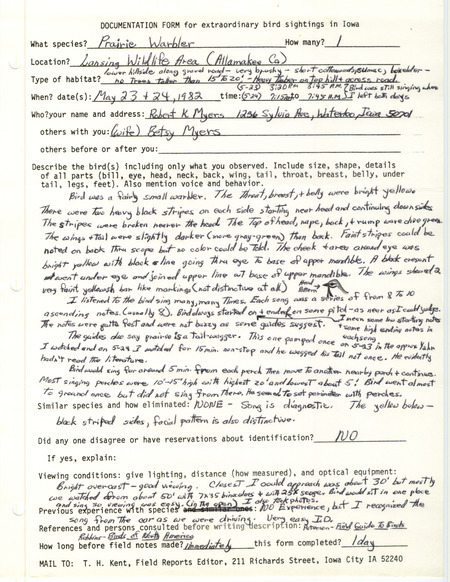Rare bird documentation form for a Prairie Warbler at Lansing Wildlife Area in Allamakee County, IA on May 23 and 24, 1982.