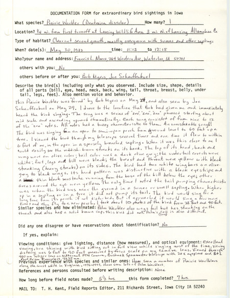Rare bird documentation form for a Prairie Warbler near Lansing Wildlife Area in Allamakee County, IA on May 30, 1982.
