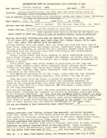 Rare bird documentation form for a Prairie Warbler at Lansing Wildlife Area in Allamakee County, IA on June 19, 1982.