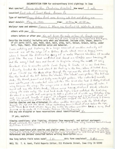 Rare bird documentation form for a Prairie Warbler on the east side of Sweet March in Bremer County, IA on May 12, 1983.