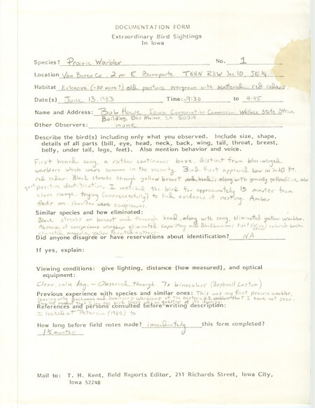 Rare bird documentation form for a Prairie Warbler east of Bonaparte in Van Buren County, IA on June 13, 1983.