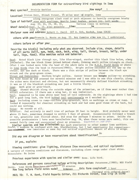 Rare bird documentation form for a Prairie Warbler at the Croton Unit in Shimek State Forest in Lee County, IA on August 23, 24, 25, 28, and 31 as well as September 1 and 15, 1984. The Prairie Warbler was also possibly seen on July 7, 1984.