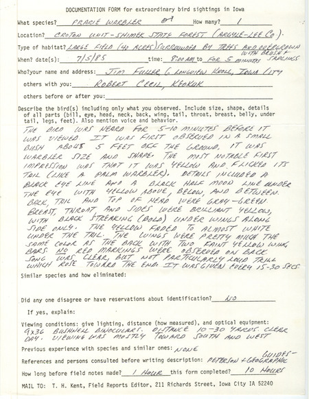 Rare bird documentation form for a Prairie Warbler at the Croton Unit in Shimek State Forest in Lee County, IA on July 5, 1985.