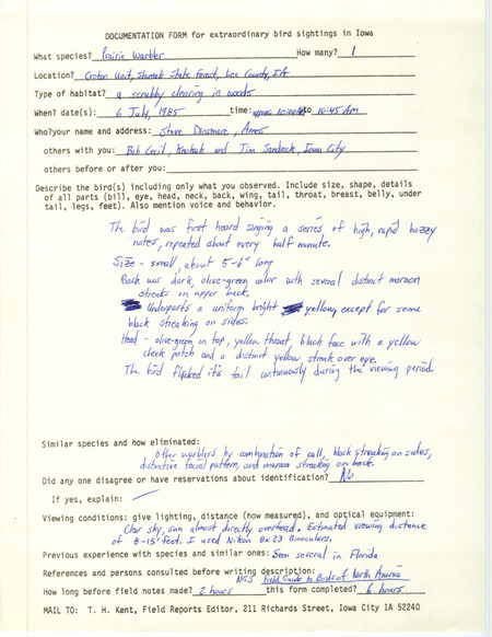Rare bird documentation form for a Prairie Warbler at the Croton Unit in Shimek State Forest in Lee County, IA on July 6, 1985.