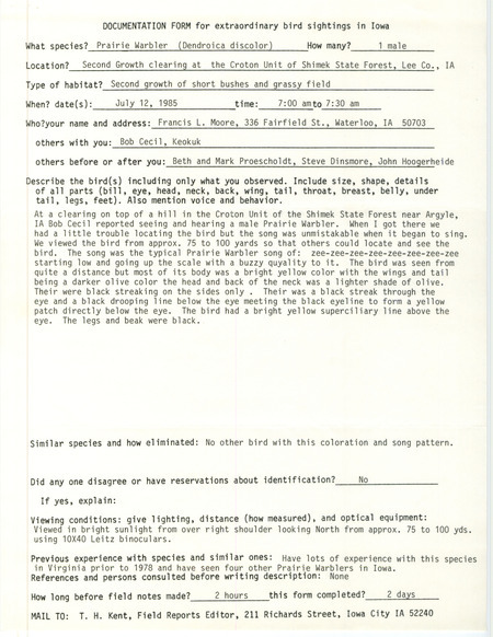 Rare bird documentation form for a Prairie Warbler at the Croton Unit in Shimek State Forest in Lee County, IA on July 12, 1985.