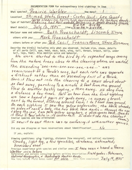 Rare bird documentation form for a Prairie Warbler at the Croton Unit in Shimek State Forest in Lee County, IA on July 12, 1985.