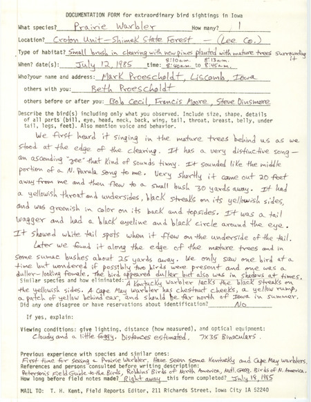 Rare bird documentation form for a Prairie Warbler at the Croton Unit in Shimek State Forest in Lee County, IA on July 12, 1985.