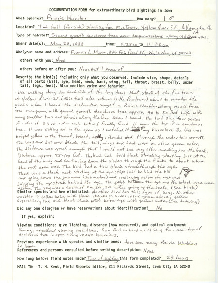 Rare bird documentation form for a Prairie Warbler at Yellow River State Forest Trail in Allamakee County, IA on May 28, 1988.