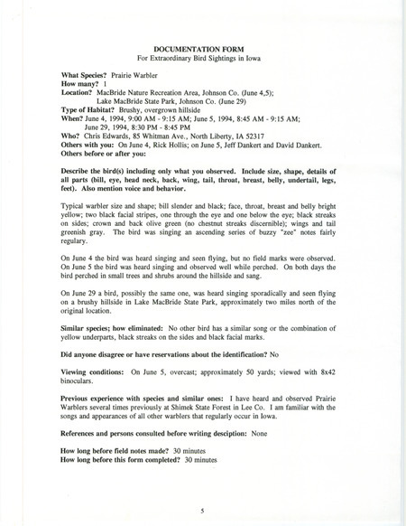 Rare bird documentation form for a Prairie Warbler at MacBride Nature Recreation Area in Johnson County, IA on June 4 and 5, 1994 and Lake MacBride State Park in Johnson County, IA on June 29, 1994.