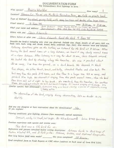 Rare bird documentation form for a Prairie Warbler at MacBride Recreation Area in Johnson County, IA on June 5, 1994.