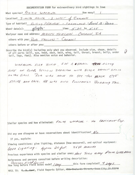 Rare bird documentation form for a Prairie Warbler northwest of Carroll in Carroll County, IA on April 29, 1995.