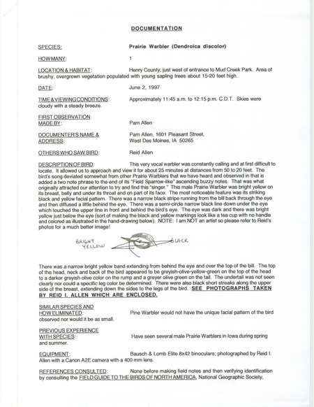 Rare bird documentation form for a Prairie Warbler at Mud Creek Park in Henry County, IA on June 2, 1997.