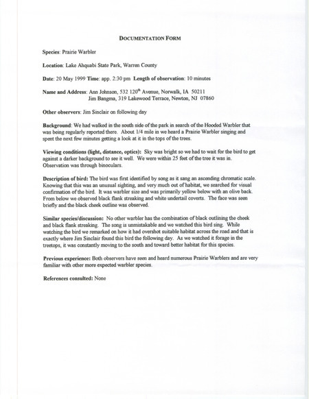 Rare bird documentation form for a Prairie Warbler at Lake Ahquabi State Park in Warren County, IA on May 20, 1999.