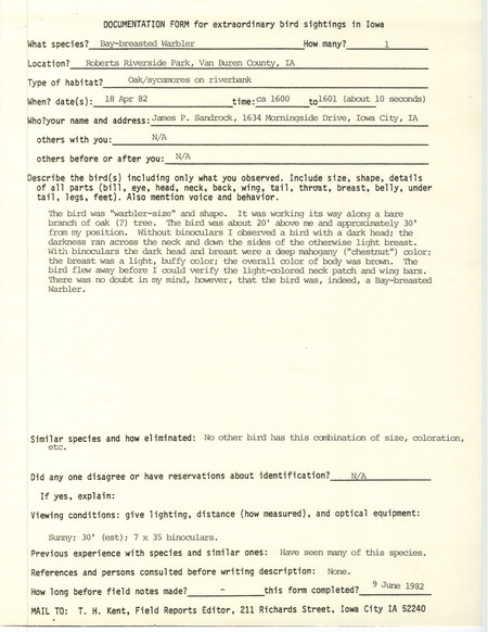 Rare bird documentation form for a Bay-breasted Warbler at Roberts Riverside Park in Van Buren County, IA on April 18, 1982.