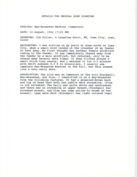 Rare bird documentation form for a Bay-breasted Warbler north of Iowa City in Penn Township in Johnson County, IA on August 10, 1991.