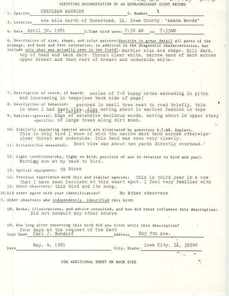 Rare bird documentation form for a Cerulean Warbler at Amana Woods north of Homestead in Iowa County, IA on April 30, 1981.