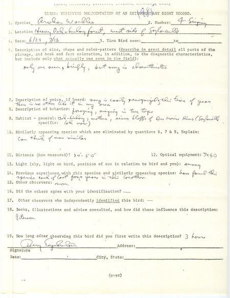 Rare bird documentation form for four Cerulean Warblers at Saylorville Lake in Polk County, IA on June 29 and July 13, 1985.