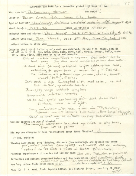 Rare bird documentation form for a Prothonotary Warbler at Bacon Creek Park in Woodbury County, IA on May 28, 1986.