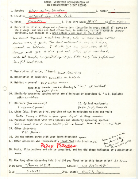 Rare bird documentation form for a Worm-eating Warbler at Wildcat Den State Park in Muscatine County, IA on May 10, 1979.