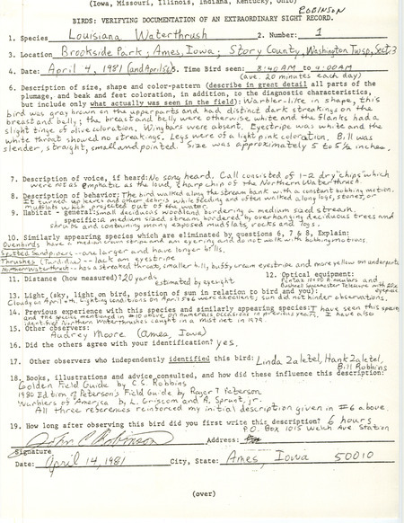 Rare bird documentation form for a Louisiana Waterthrush at Brookside Park in Ames in Story County, IA on April 4, 5, and 6, 1981.