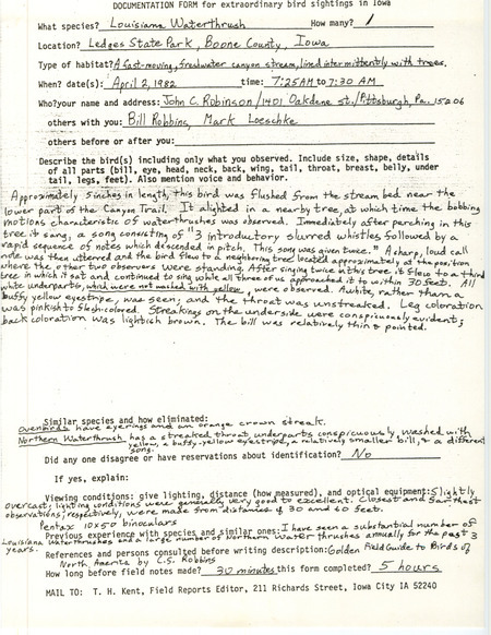 Rare bird documentation form for a Louisiana Waterthrush at Ledges State Park in Boone County, IA on April 2, 1982.