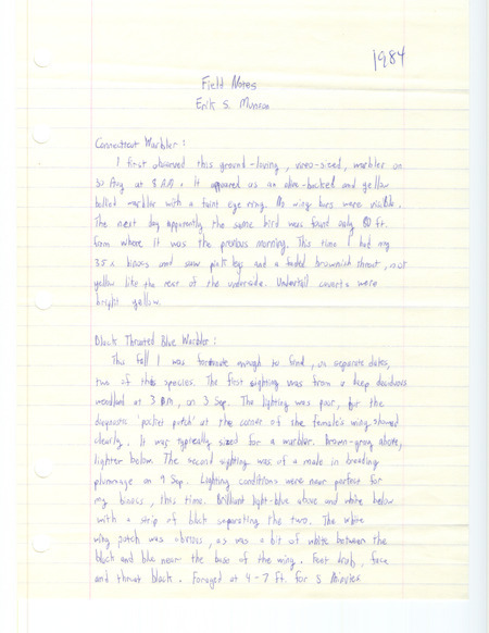 Field notes by Erik S. Munson detailing the sightings of a Connecticut Warbler and two Black-throated Blue Warblers.