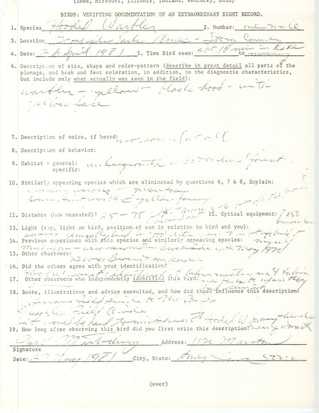Rare bird documentation form for a Hooded Warbler at Brookside Park in Ames in Story County, IA on April 26, 1981.