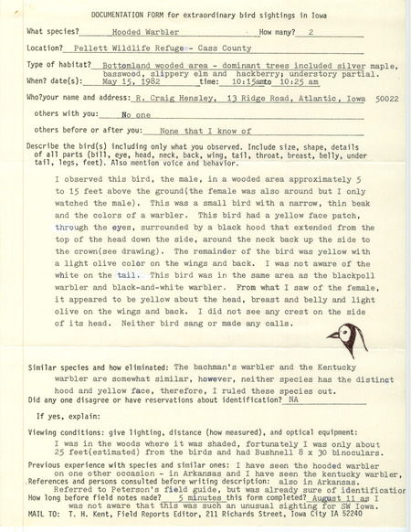 Rare bird documentation form for two Hooded Warblers at Pellet Wildlife Refuge in Cass County, IA on May 15, 1982.