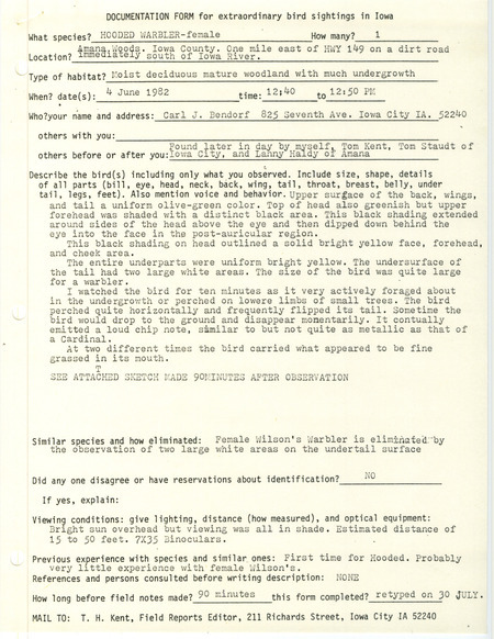 Rare bird documentation form for a Hooded Warbler at Amana Woods in Iowa County, IA on June 4, 1982.