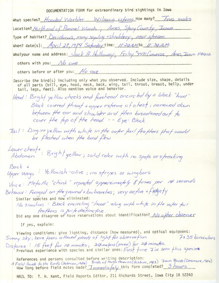 Rare bird documentation form for two Hooded Warblers at Pammel Woods in Ames in Story County, IA on April 28, 1984.