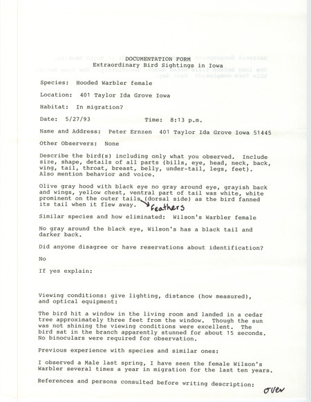 Rare bird documentation form for a Hooded Warbler at Ida Grove in Ida County, IA on May 27, 1993.