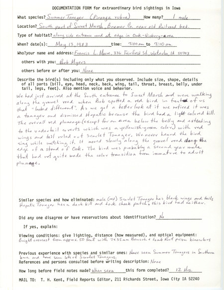 Rare bird documentation form for a Summer Tanager at Sweet March in Bremer County, IA on May 13, 1983.