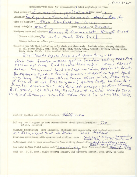 Rare bird documentation form for a Summer Tanager at Union in Hardin County, IA on May 9, 1983.