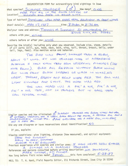 Rare bird documentation form for a Summer Tanager at Hickory Hill Park in Iowa City in Johnson County, IA on May 17, 1987.