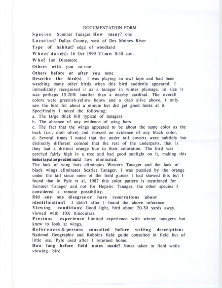 Rare bird documentation form for a Summer Tanager at Dallas County, IA on October 16, 1999.