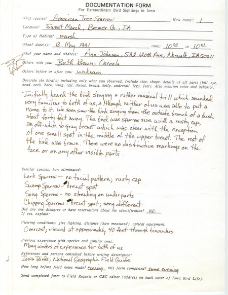 Rare bird documentation form for an American Tree Sparrow at Sweet March in Bremer County, IA on May 18, 1991.