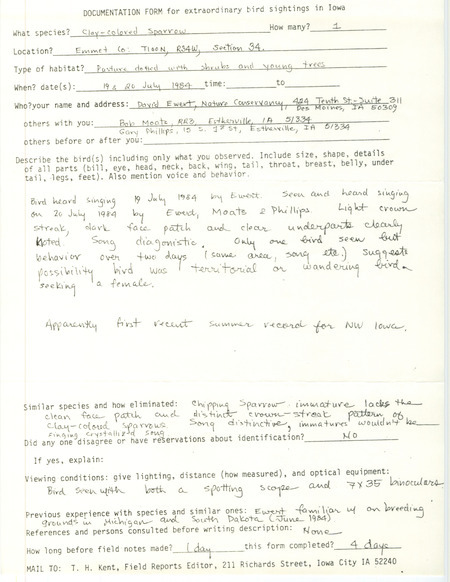 Rare bird documentation form for a Clay-colored Sparrow at Emmet Township in Emmet County, IA on July 19 and 20, 1984.