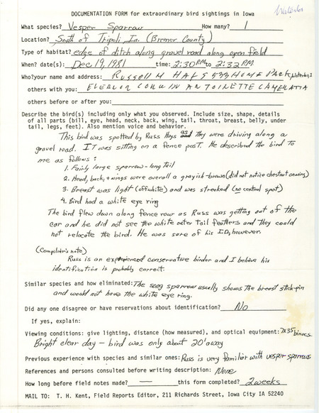 Rare bird documentation form for a Vesper Sparrow south of Tripoli in Bremer County, IA on December 19, 1981.