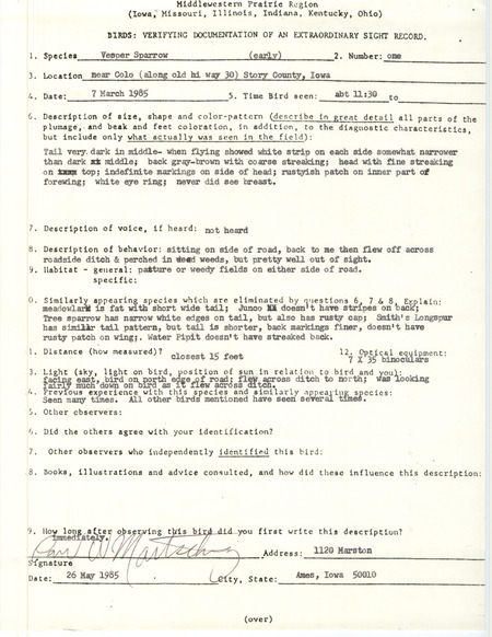 Rare bird documentation form for a Vesper Sparrow near Colo in Story County, IA on March 7, 1985.