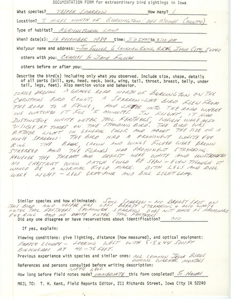 Rare bird documentation form for a Vesper Sparrow in Des Moines County, IA on December 16, 1989.