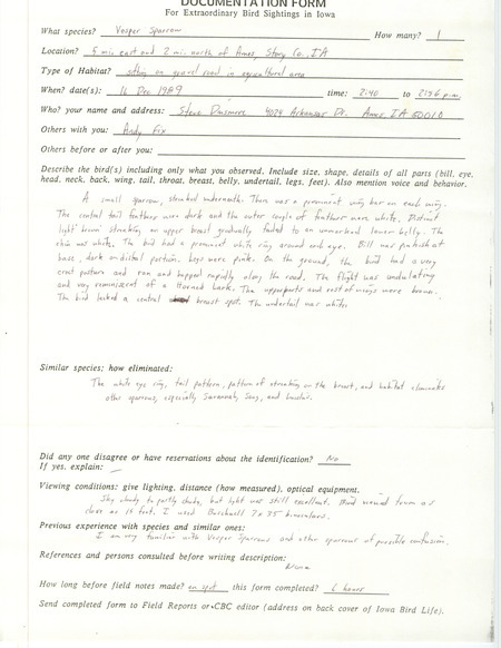 Rare bird documentation form for a Vesper Sparrow northeast of Ames in Story County, IA on December 16, 1989.