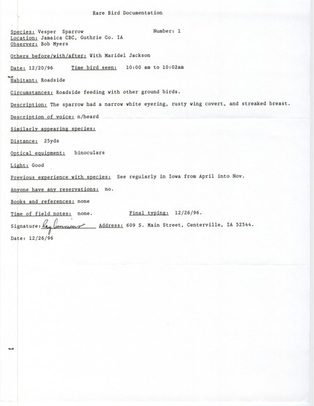 Rare bird documentation form for a Vesper Sparrow around Jamaica in Guthrie County, IA on December 20, 1996.