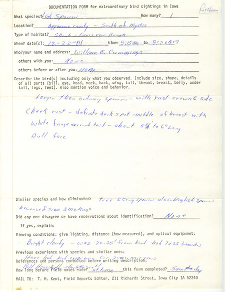 Rare bird documentation form for a Lark Sparrow south of Mystic in Appanoose County, IA on December 22, 1981.