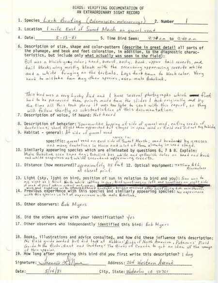 Rare bird documentation form for a Lark Bunting east of Sweet March in Bremer County, IA on May 13, 1981.