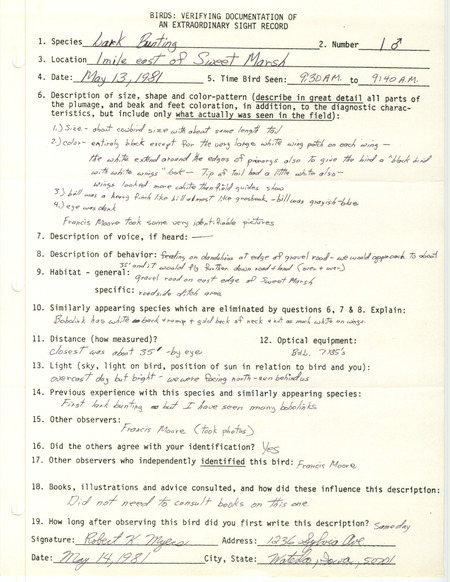 Rare bird documentation form for a Lark Bunting east of Sweet March in Bremer County, IA on May 13, 1981.