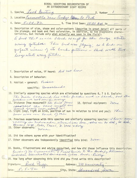 Rare bird documentation form for a Lark Bunting near Pinky's Glen in Fremont County, IA on May 4, 1982.