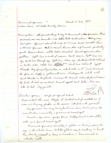 Rare bird documentation form for a Savannah Sparrow at Anderson Township in Mills County, IA from March 17-20, 1984.