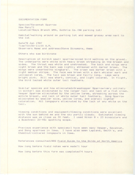 Rare bird documentation form for a Savannah Sparrow at Bays Branch Wildlife Management Area in Guthrie County, IA on January 8, 1987.